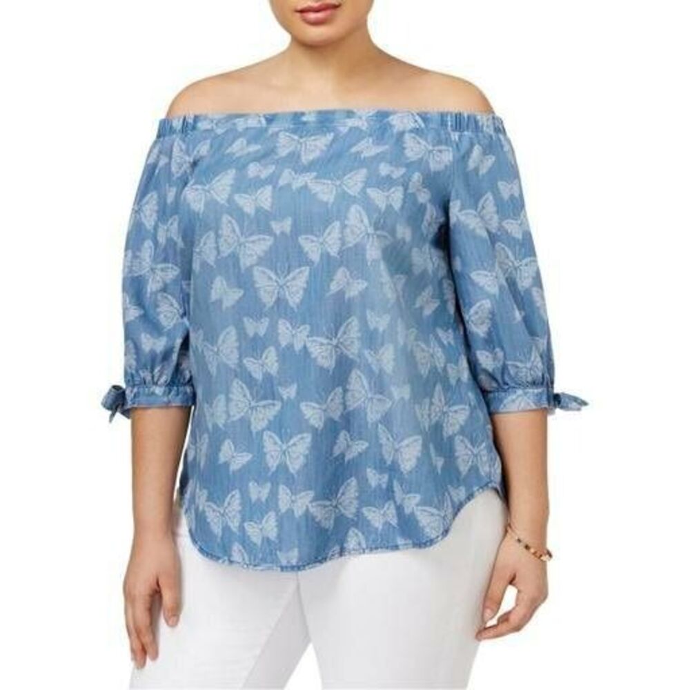 NWT INC Plus Size Butterfly Print Tie-Sleeve Off-The-Shoulder Top 20W